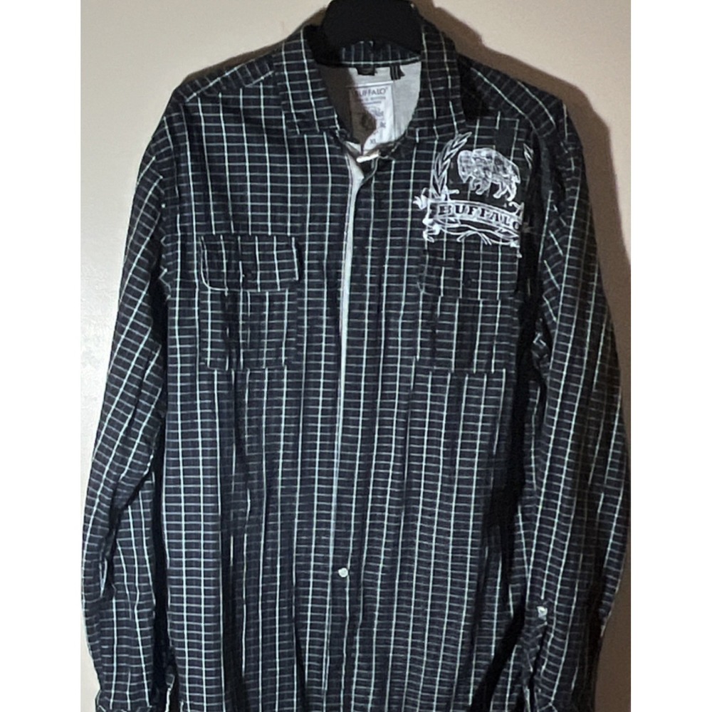 Buffalo David Bitton Men's XL Long Sleeve Button-Up Shirt Black White Blue Check